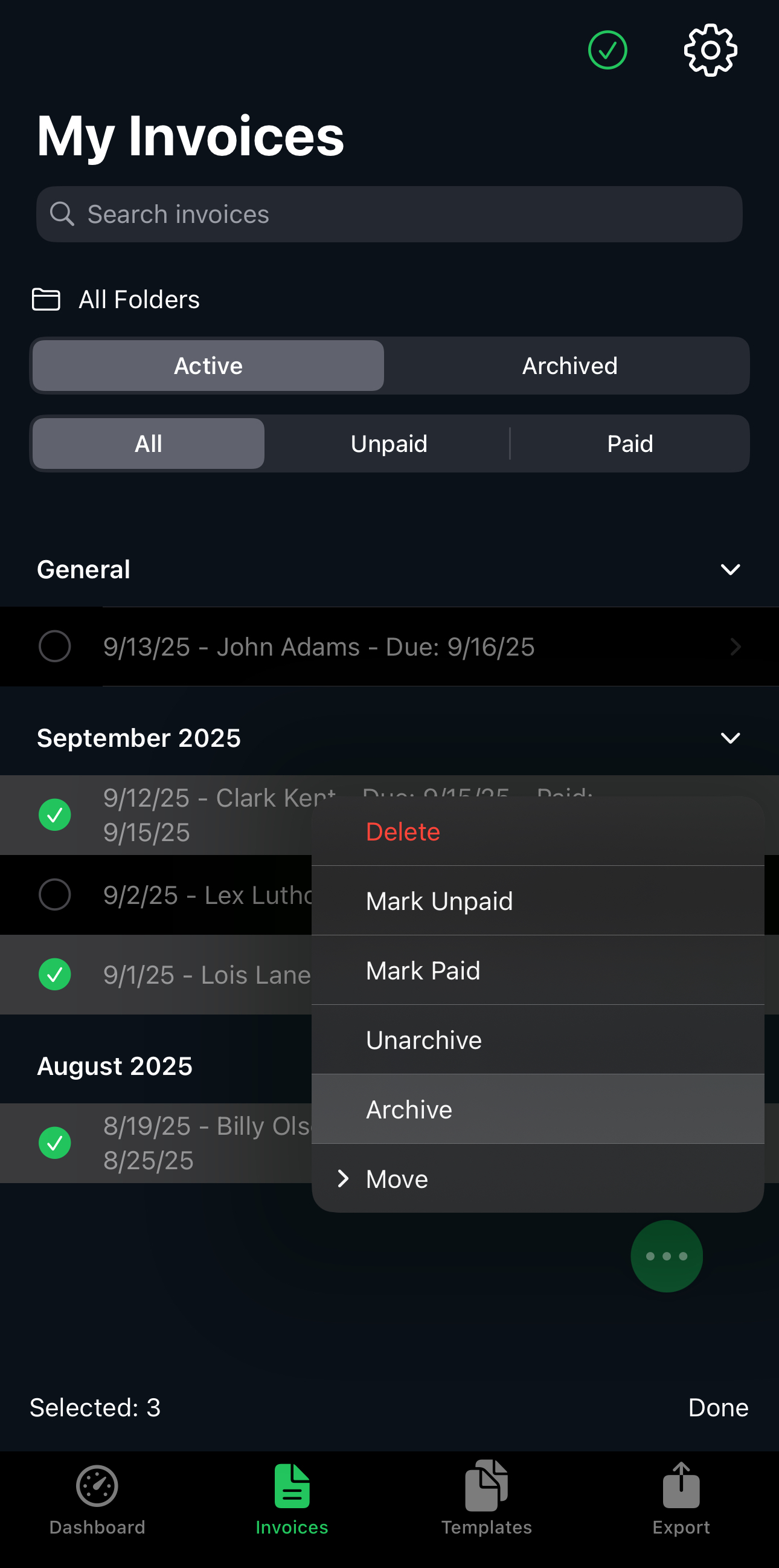 Selecting multiple invoices for bulk actions