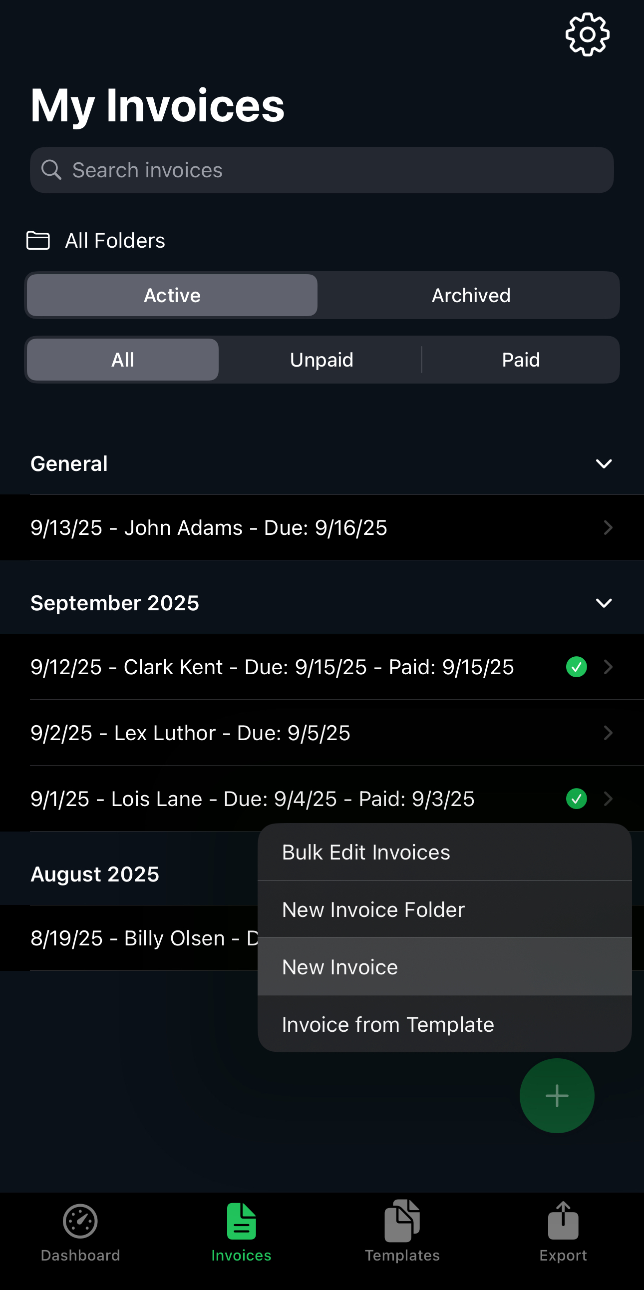 Creating a new invoice on iPhone
