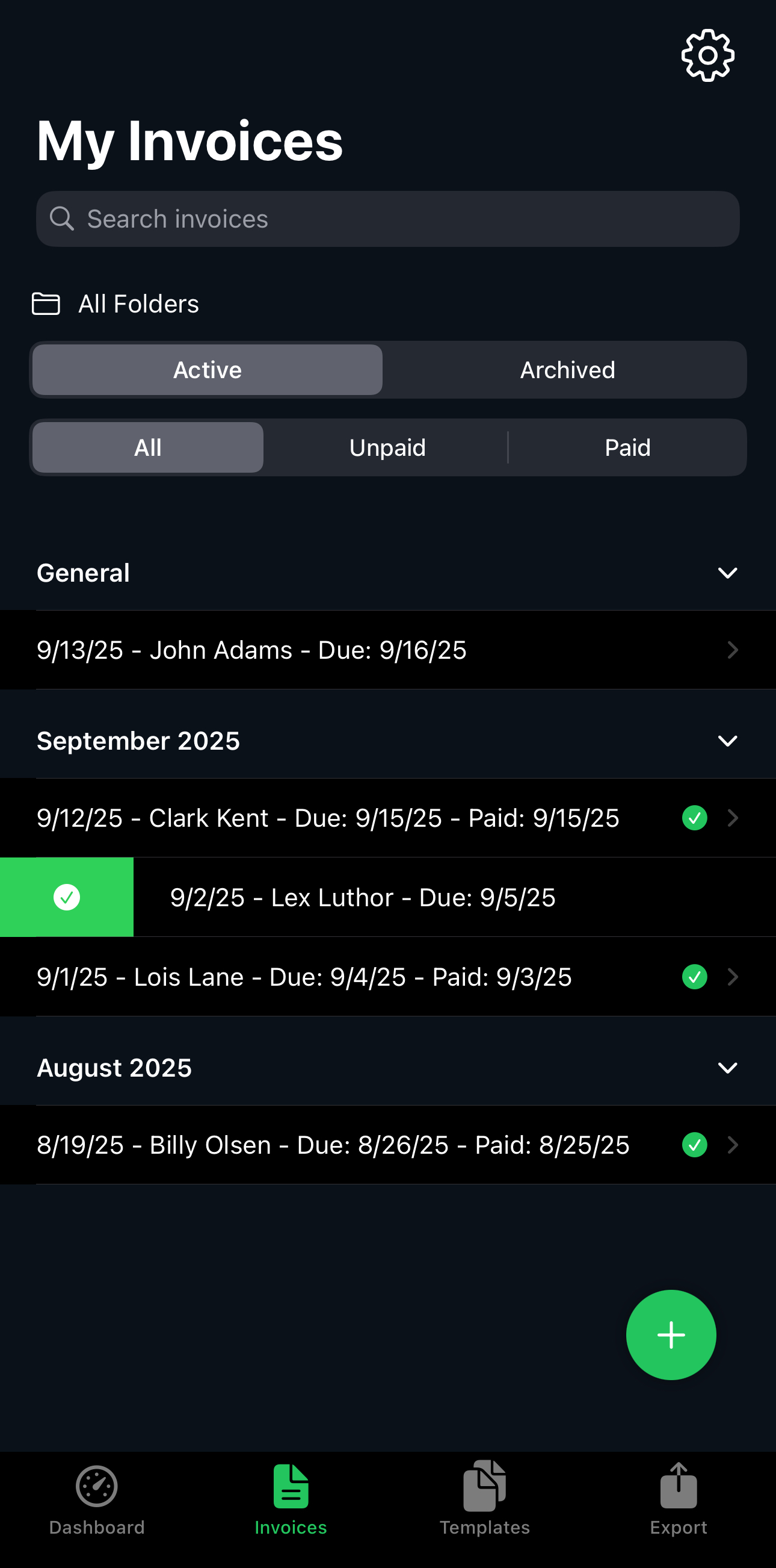 Invoice list showing paid status and archive option